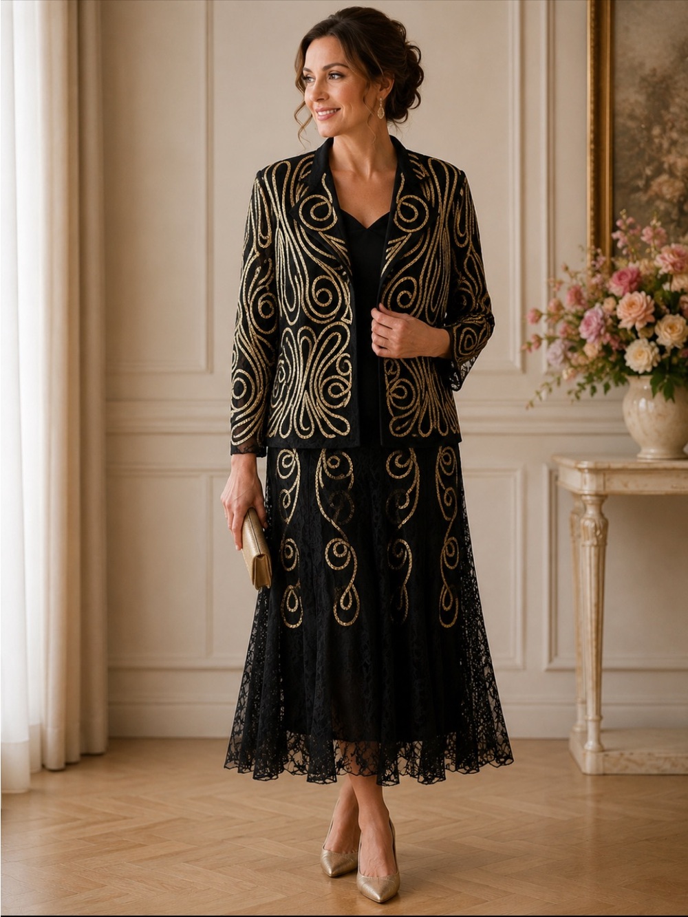 Embellished Black Lace Jacket and Skirt Set with Gold Swirl Accents